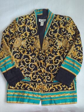 Women's Black & Teal Baroque Print Blazer